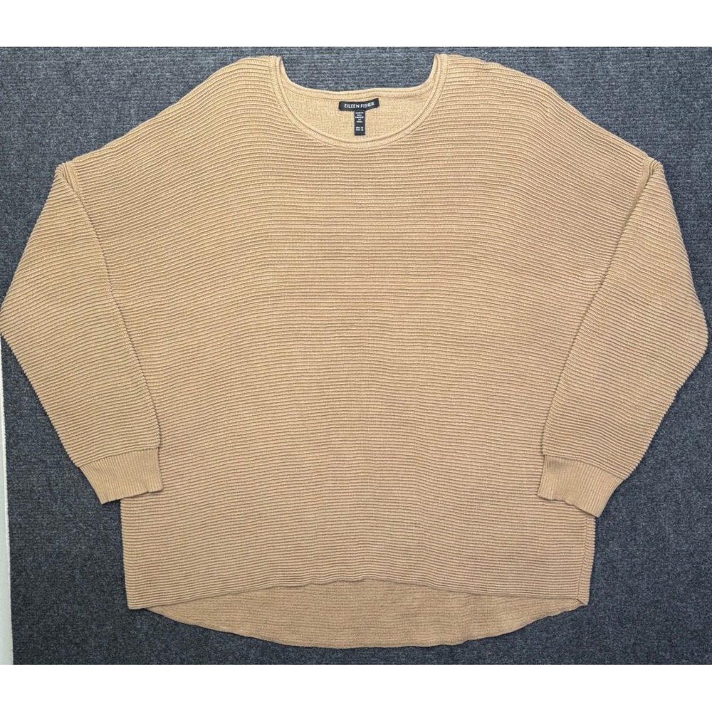 Eileen Fisher Womens Tan Ribbed Organic Cotton Tencel Knit Sweater Size Medium
